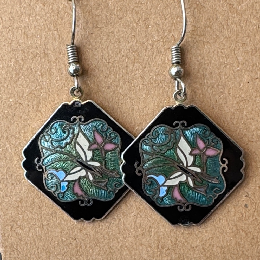Cloisonné Butterfly and Floral Enamel Drop Earrings